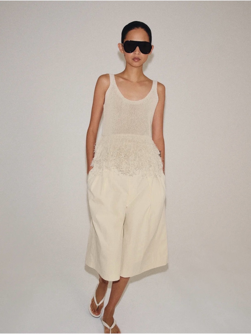 Round neck top with fringe - Cream